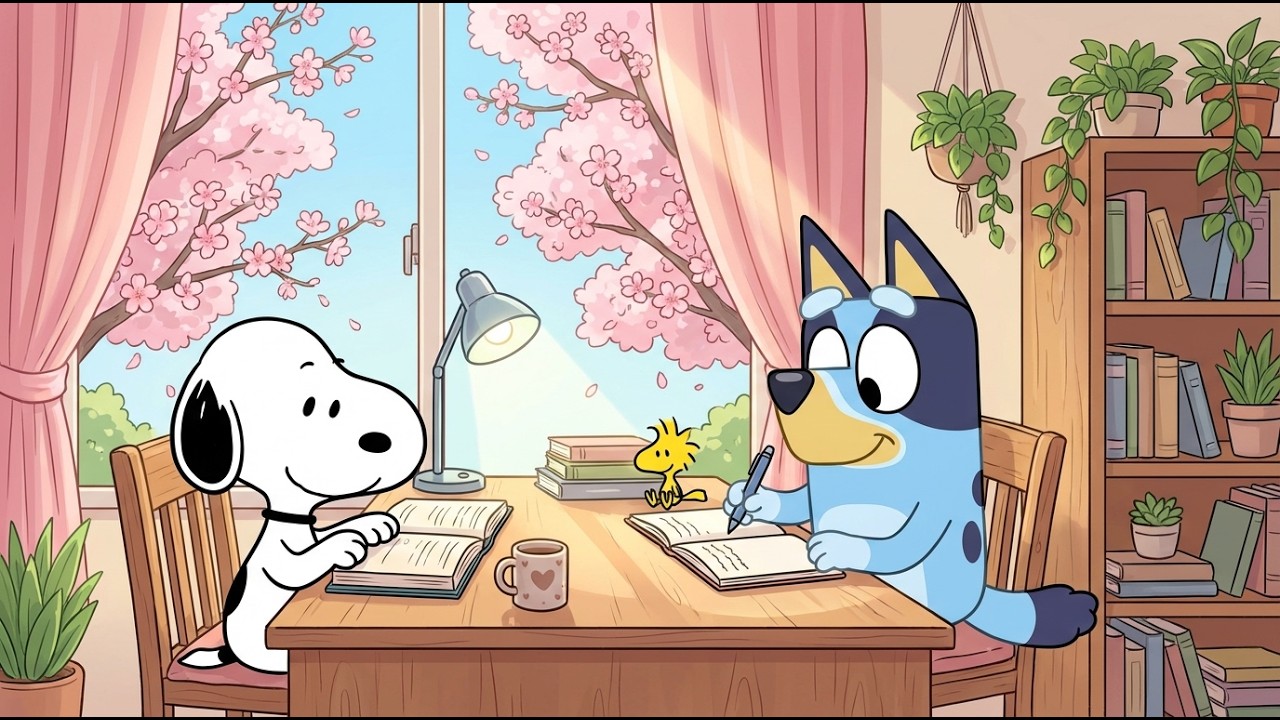 Snoopy & Bluey Cherry Blossom Study Room 🌷 Calm Lofi for Deep Work & Reading ☕ Peaceful Spring Mood