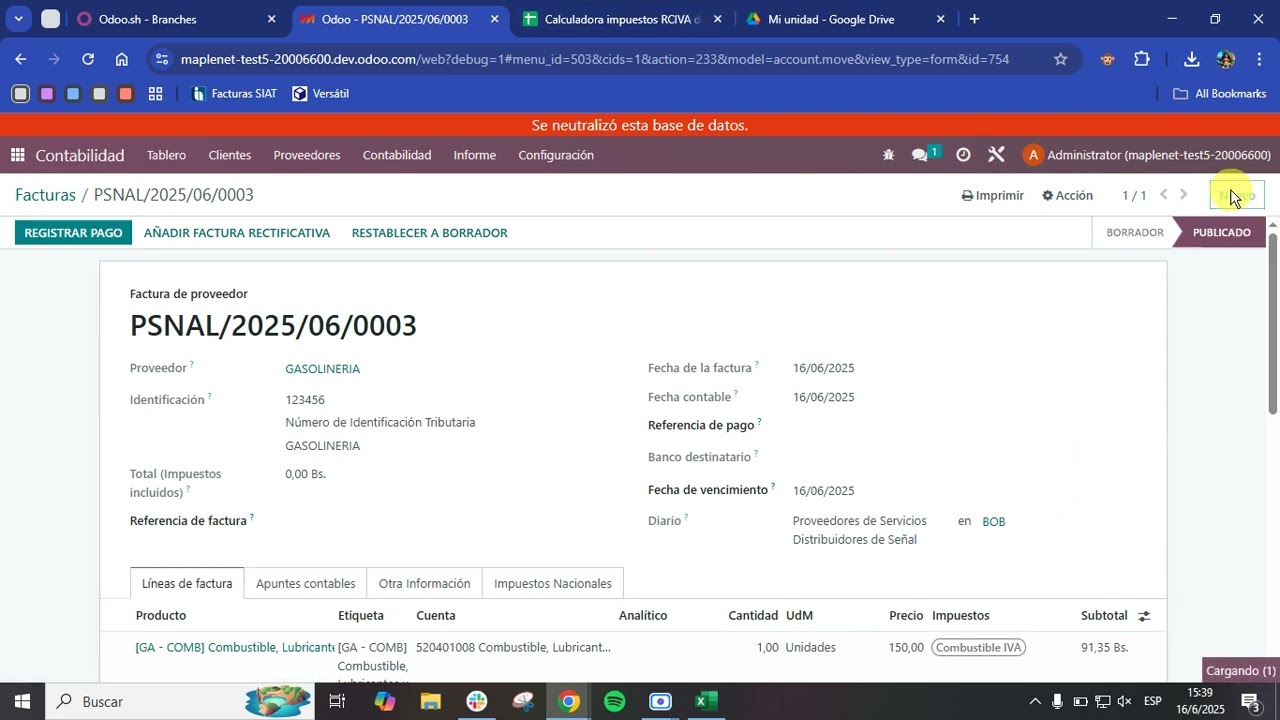 Registro de facturas de combustibles y de servicios básicos en ODOO v 16