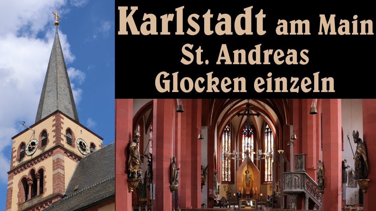 KARLSTADT am Main (MSP), Stadtpfarrkirche St. Andreas - Glocken einzeln (Turmaufnahme)