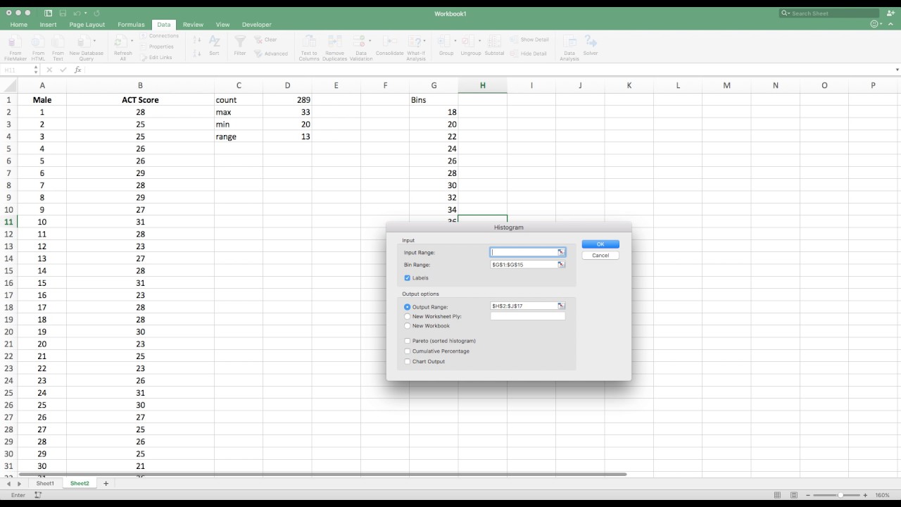 Histograms in Excel with Data Analysis ToolPack