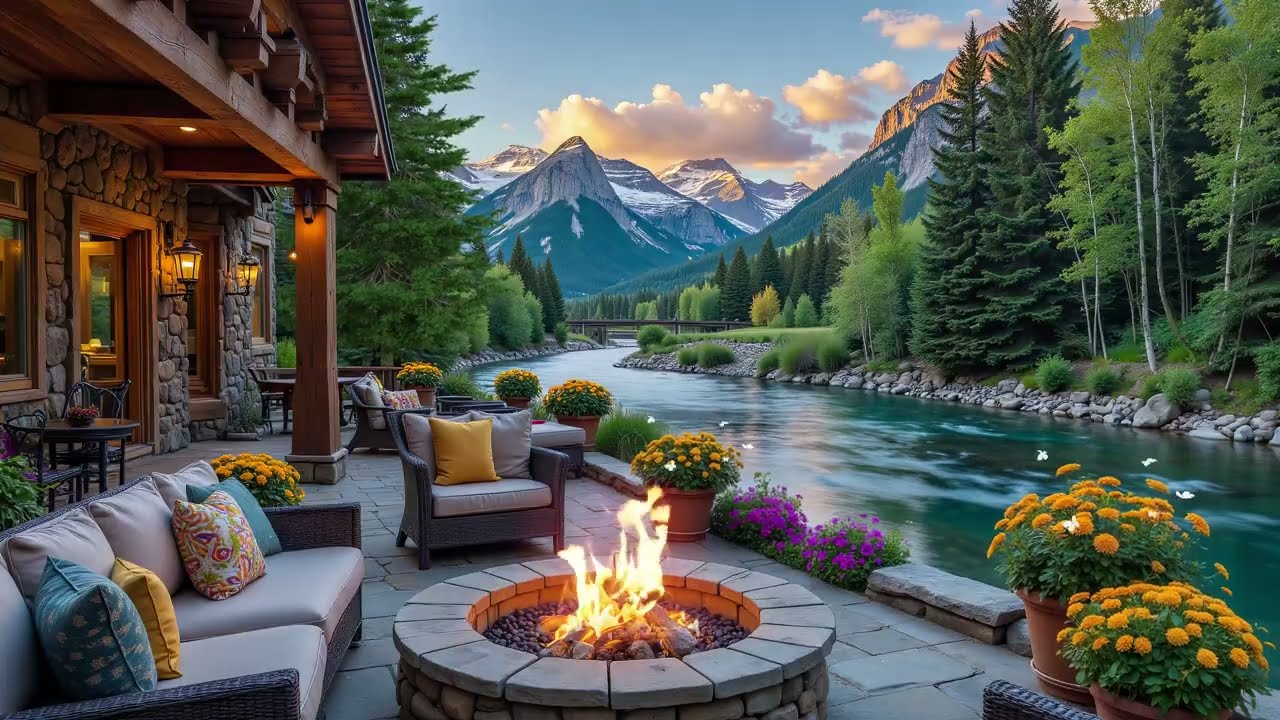 Calm Riverside Porch 🌿 Morning Birds, Crackling Firepit Ambience & Gentle Spring Piano Music