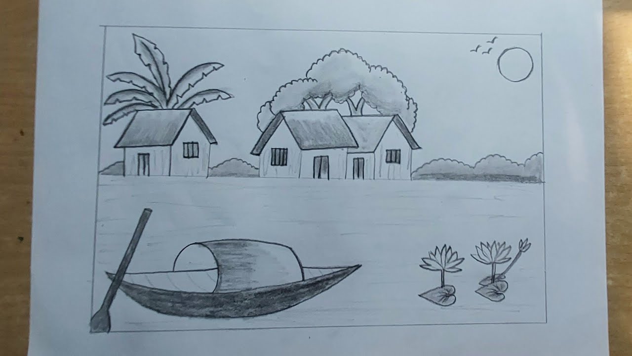 Beautiful village beside river scenery drawing with pencil sketch 