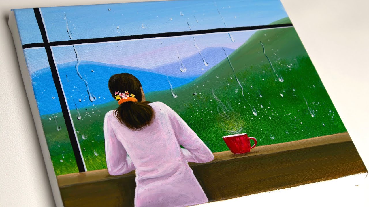 Rainy day painting | Girl looking out the window | Aham art