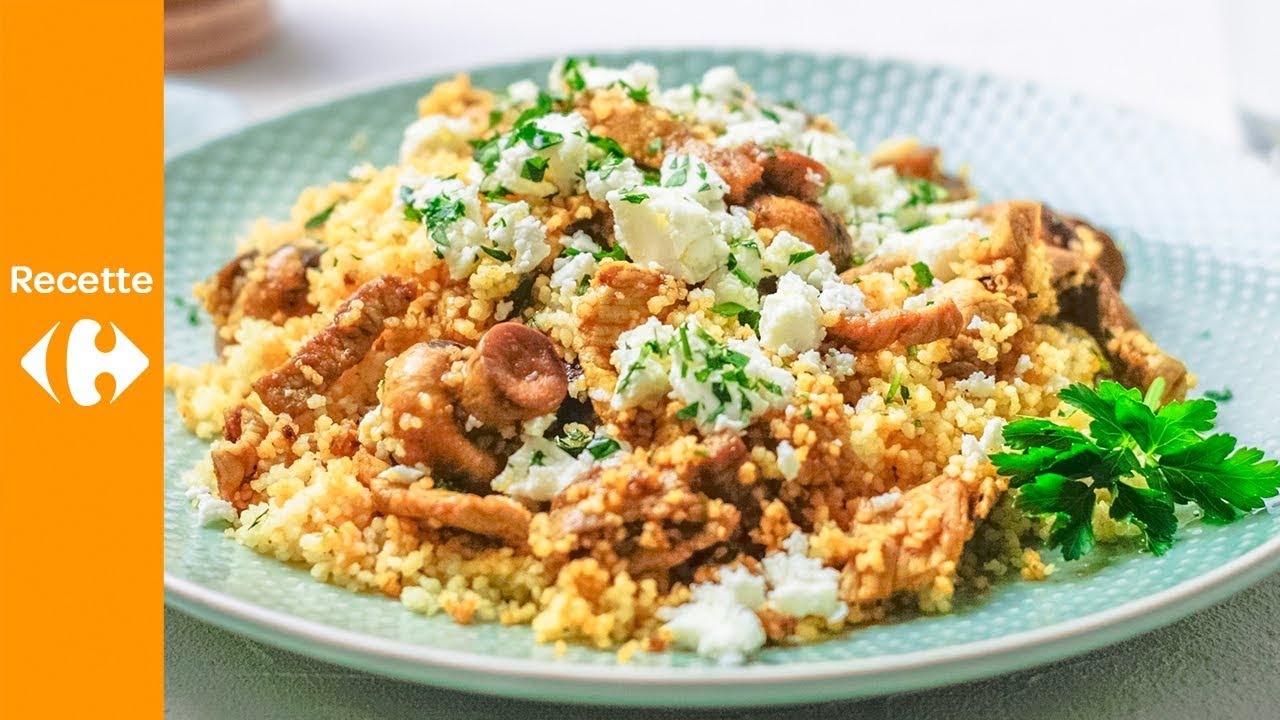 Couscous aux champignons, feta et porc