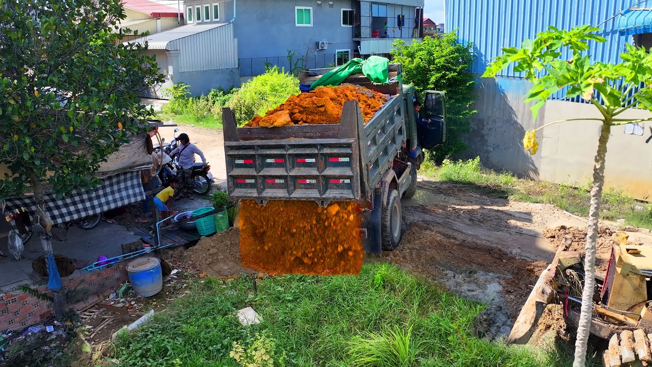 Start New Project Landfill Size 5 x28m Flooded Soil Area !! Bulldozer Push Stone ,Truck 5Ton Unload