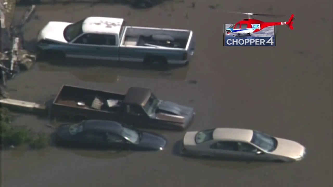 Flooding aerials; Chopper4 over Burlington,  WI