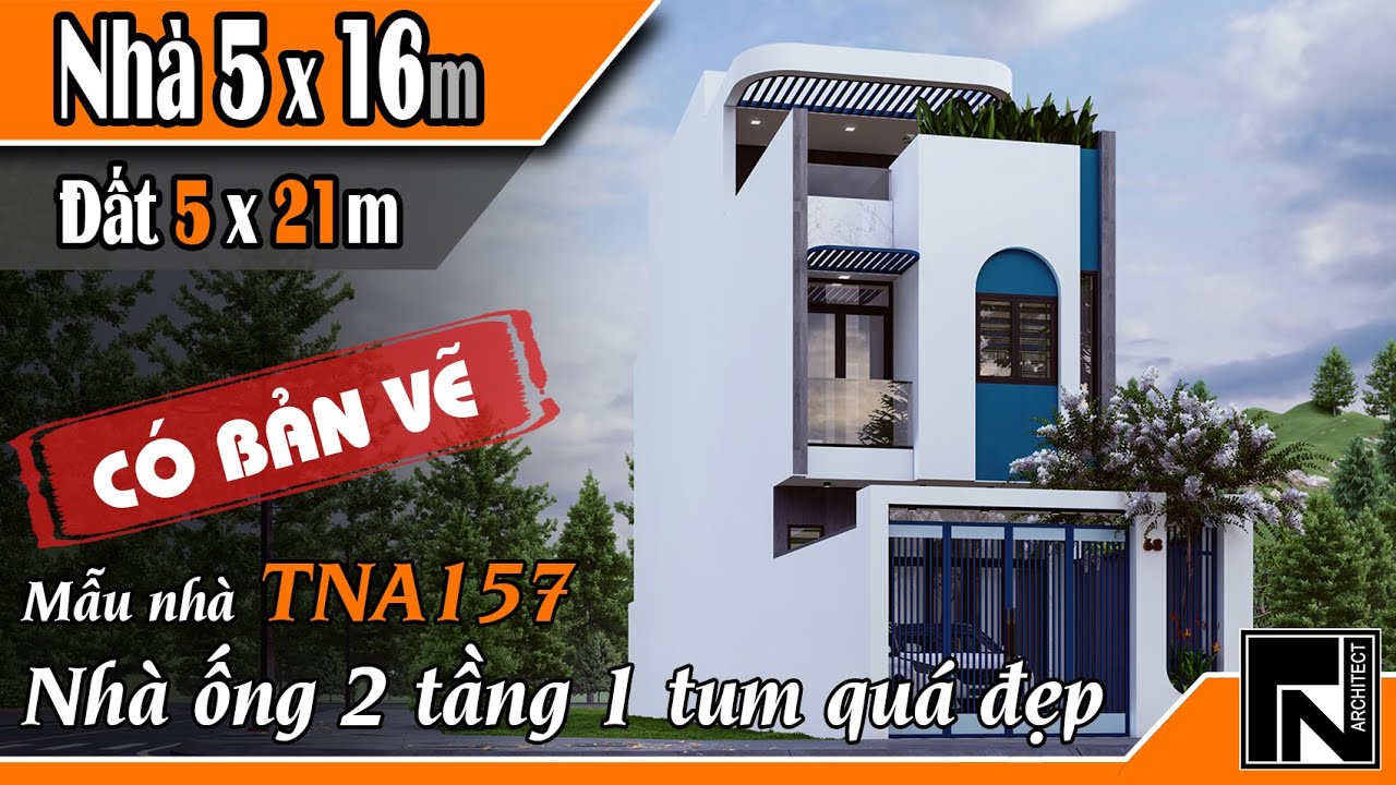 TNA157 - Mẫu nhà ống 2 tầng 1 tum đẹp 5x16m (đất 5x21m) 3 phòng ngủ