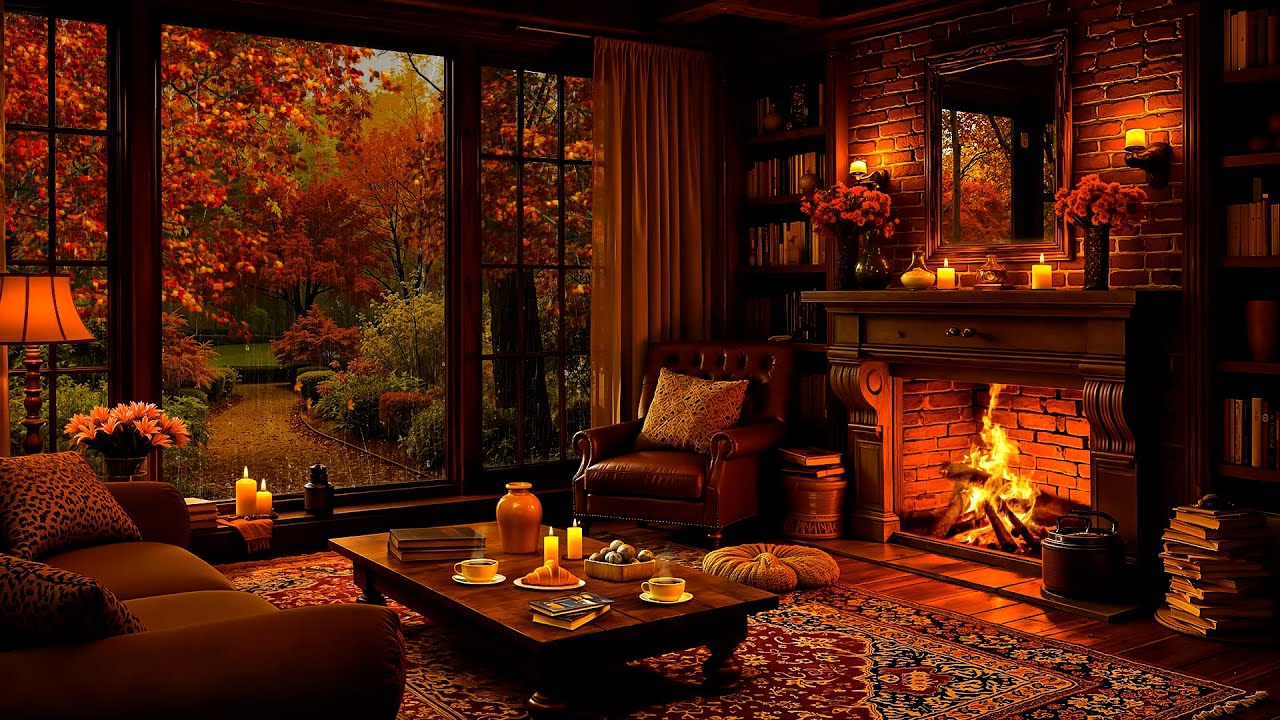 Rainy Day in Cozy Autumn Cabin Ambience 🍂 Soft Jazz, Warm Fireplace & Rain Sounds to Study, Sleep