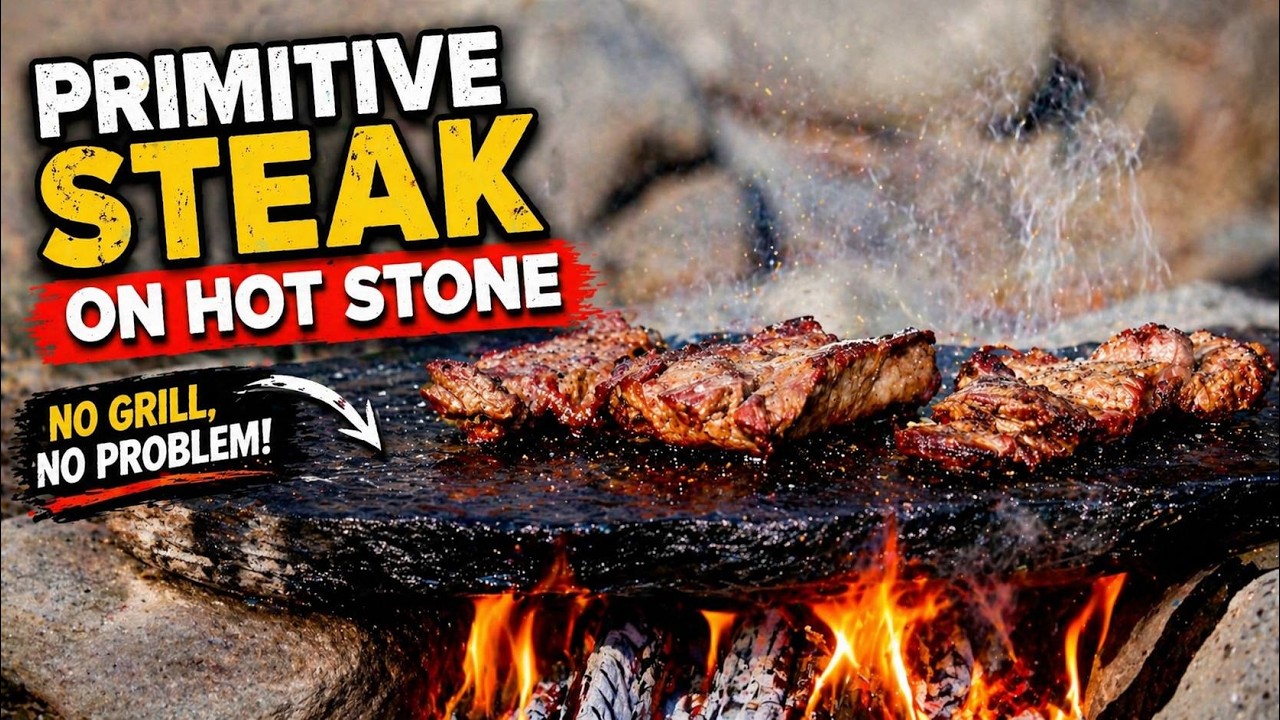 Primitive Stake on Hot Stone in Nature | ASMR Outdoor Fire Cooking