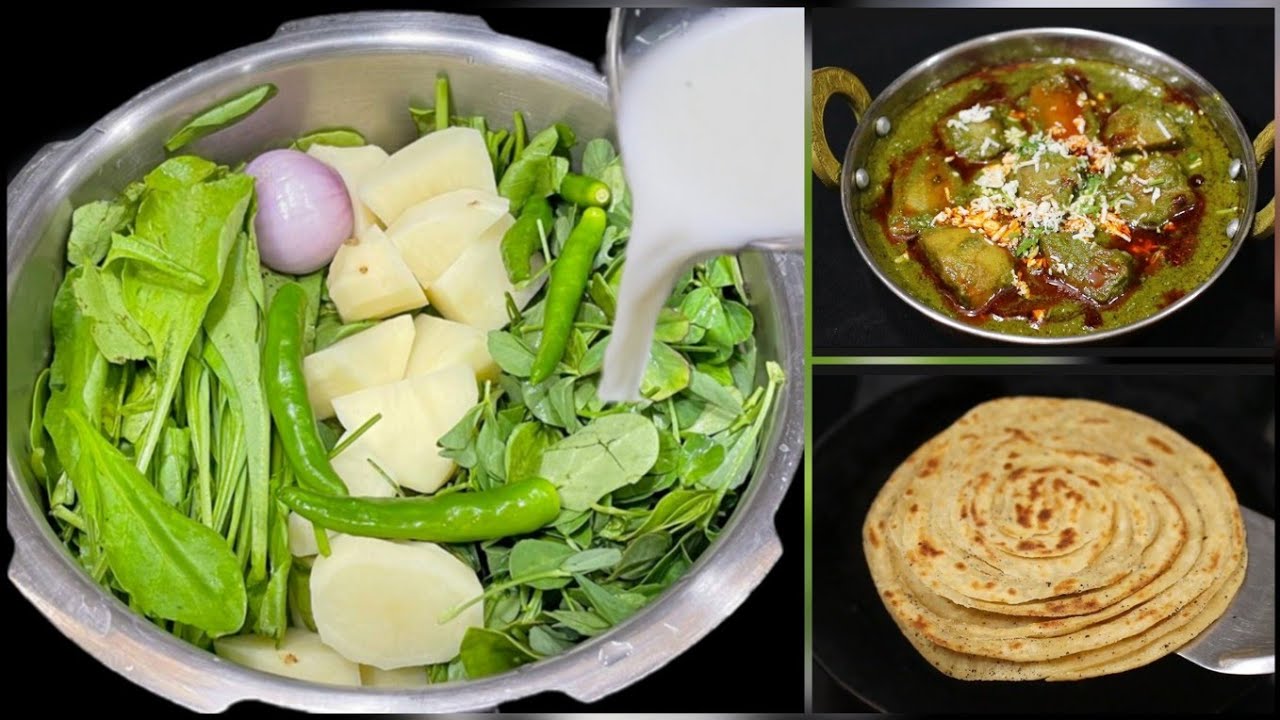 आलू पालक मेथी की स्वादिष्ट सब्जी और आटे के लच्छे पराठे | Palak Aloo Methi Sabji Atta lachha paratha