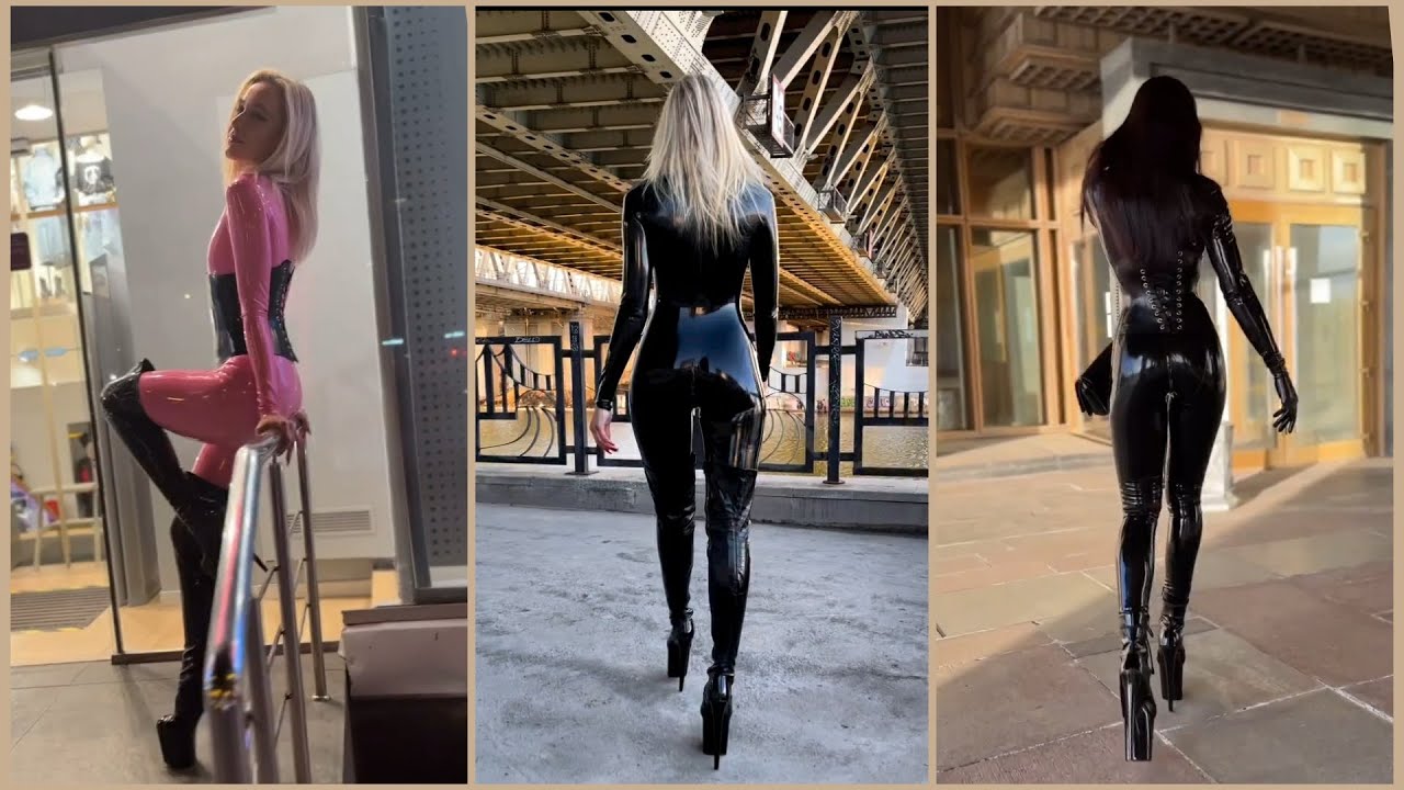 Latex Catsuit Try On Public | Heels Boot Rubber Outfit