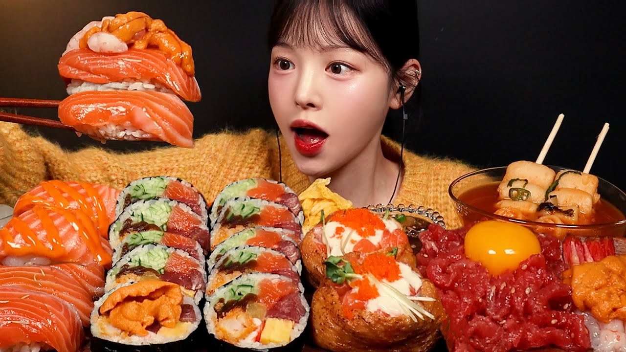 SUB)연어 특집! 불닭마요 후토마끼 대왕유부초밥 먹방🍣 매운 어묵까지 꿀조합 Salmon Sushi Mukbang Asmr