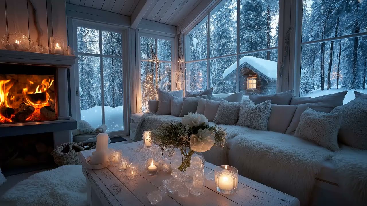 🎹 The Warmth of a Fireplace with Snowfall | Soft Piano in a White Room | 3 Hours Relax Study Healing