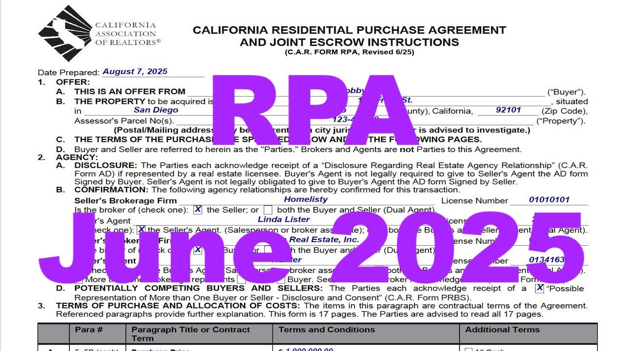 *New* Residential Purchase Agreement - 06/25 Update - Easiest & Fastest Tutorial - C.A.R. Form RPA