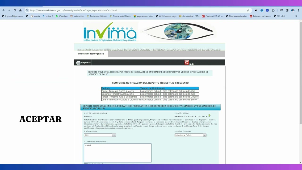 Reporte TRIMESTRAL al INVIMA en cero  - Tecnovigilancia - INVIMA por Profesionales de la Salud