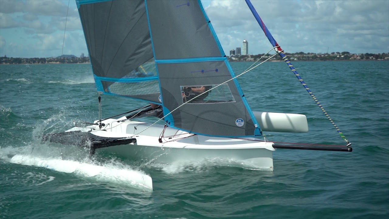 Weta Trimaran slicing through the Hauraki Gulf