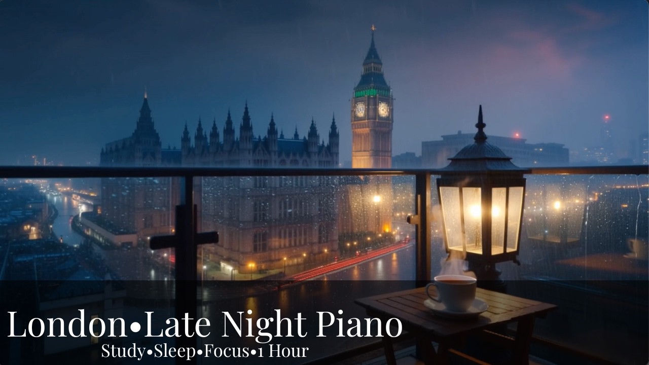London Rain Balcony Ambience, Big Ben View, Soft Piano for Sleep, Relax, Study (1 Hour)