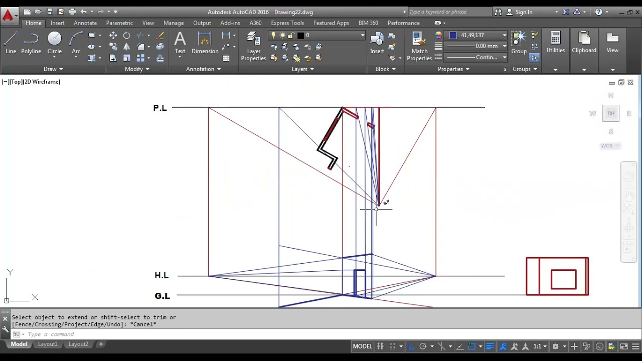 رسم منظور هندسي بنقطتي تلاشي تمرين رقم 4