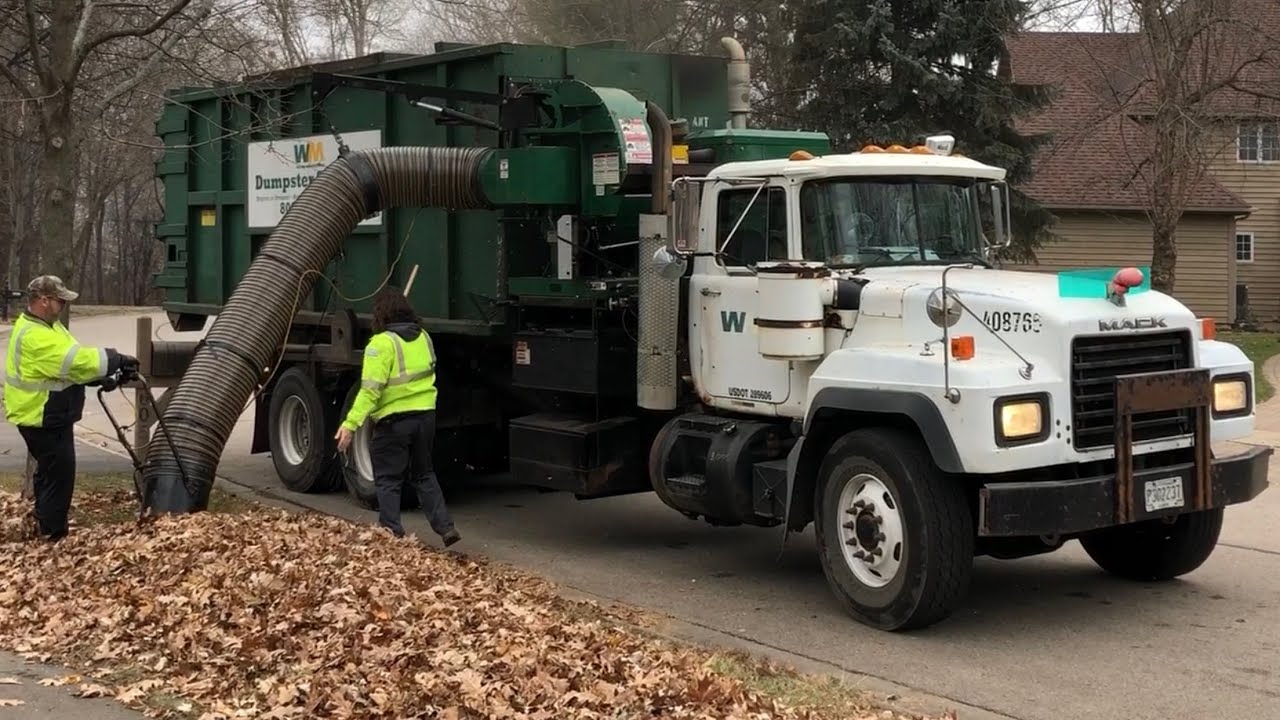 Waste Management Mack RD Roll Off Leaf Vac Garbage Truck Sucking Massive Leaf Pile
