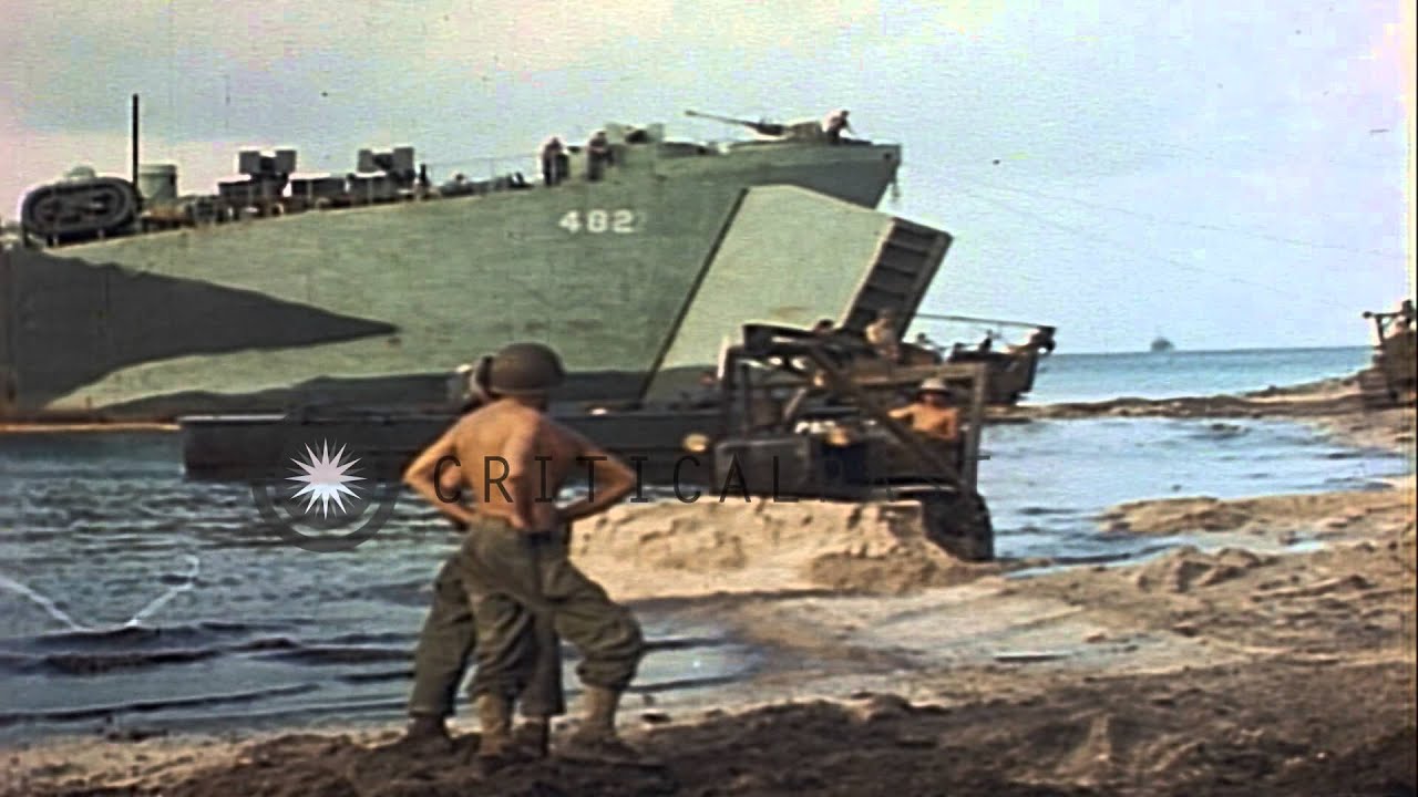 Equipment offloaded from LST-482 and LCT-350 atTarawa Islands, WW2...HD Stock Footage