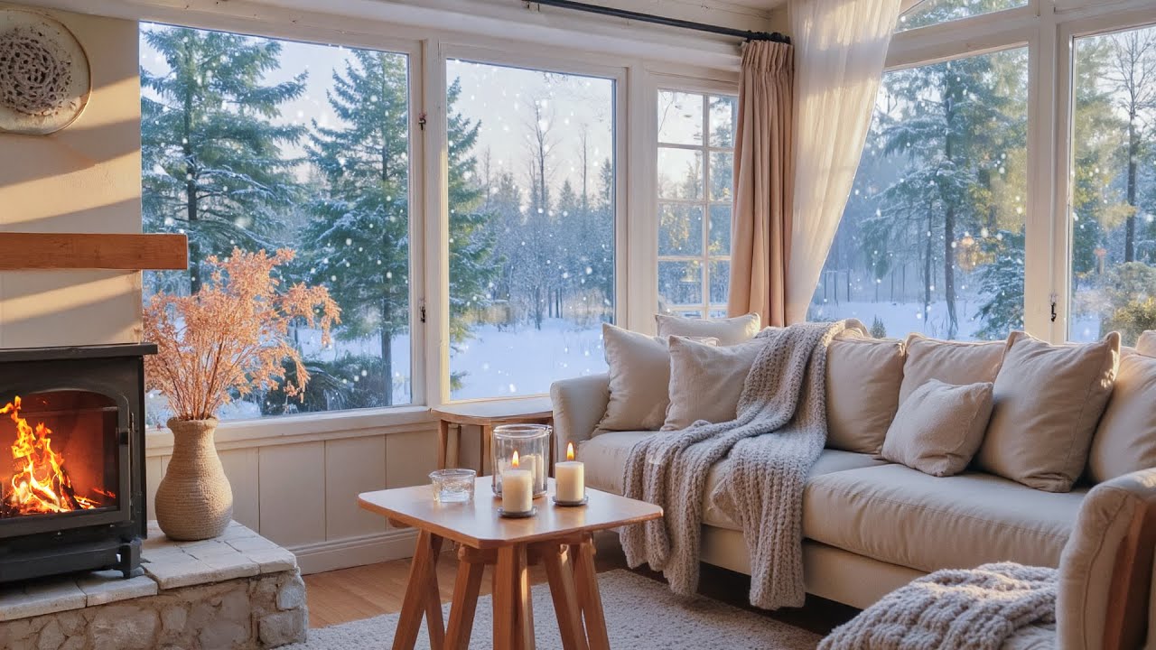 Peaceful Winter Lake Cabin Night ❄️ | Soft Piano Music, Fireplace Glow & Falling Snow Ambience