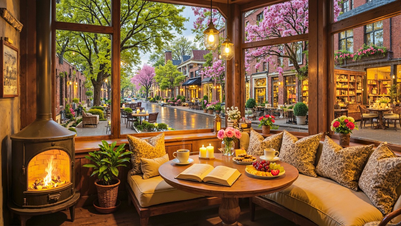 Peaceful February Rainy Coffee Shop ☕ Smooth Jazz Piano & Fireplace Ambience for Calm Work Nights