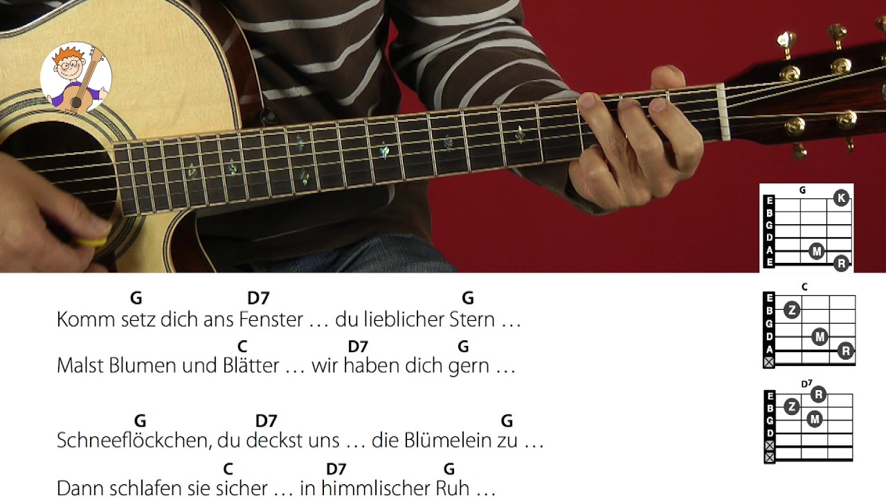 Schneeflöckchen, Weißröckchen, Weihnachtslied mit drei Akkorden und Text, für Gitarre