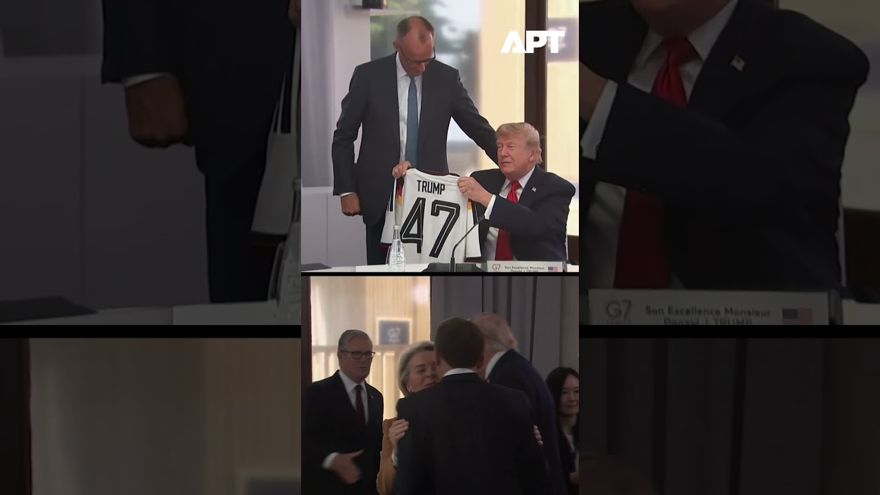 СМОТРЕТЬ | Подарок Мерца Трампу &mdash; футболка с номером &laquo;47&raquo; &mdash; привлек внимание на саммите G7 | APT