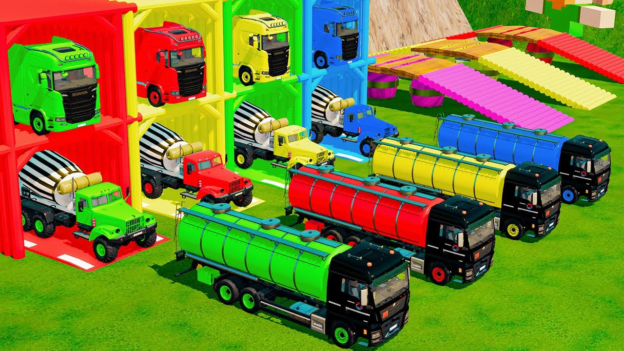 Garage with Colors - ALL MIXER TRUCK WITH DOUBLE FLATBED TRAILER TRUCK, MAN, KENWORTH, SCANIA - FS22