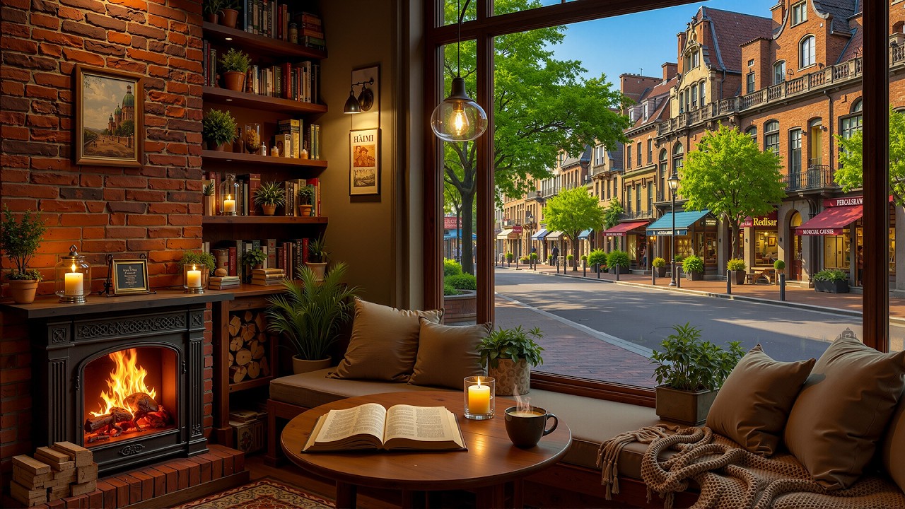 Cozy Spring Coffee Ambience 🌸 Gentle Jazz & Warm Fireplace Glow for Work, Reading & Calm