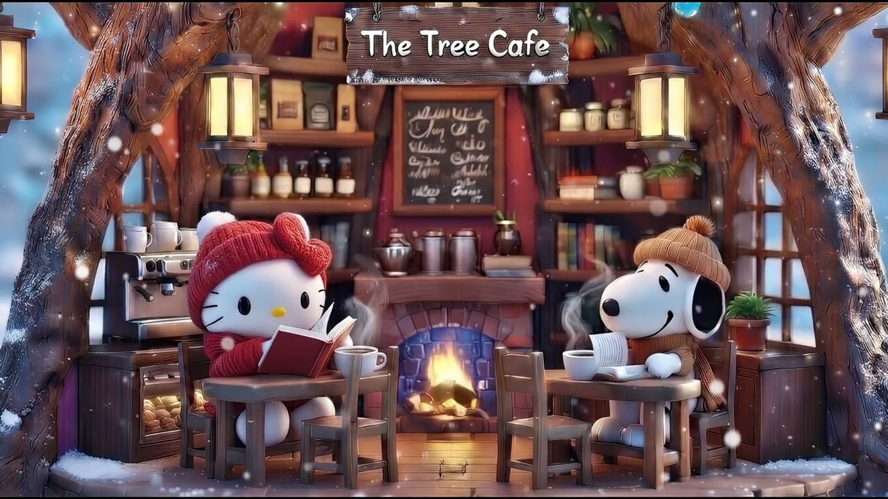 Hello Kitty & Snoopy Cozy Tree Café ASMR ☕🔥 Winter Reading, Fireplace Crackling & Soft Snowfall