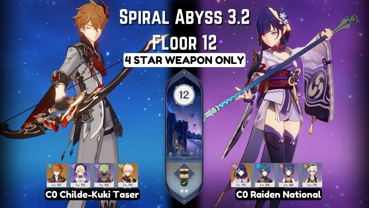 4 STAR WEAPON ONLY C0 Childe Taser & C0 Raiden National - Spiral Abyss 3.2 Floor 12 | Genshin Impact