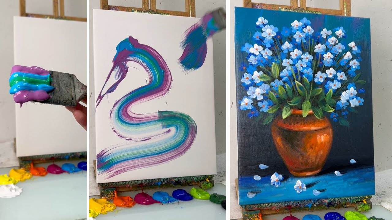STEP by STEP Acrylic Painting | Elegant Blue Flowers in a Rustic Vase #357