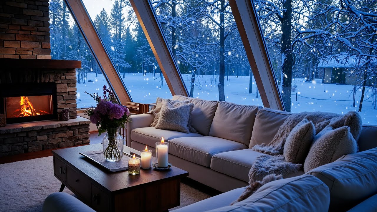 Gentle Winter Piano Ambience in a White Room ❄️🎹 | Snowy Window View and Fireplace Glow for 5 Hours