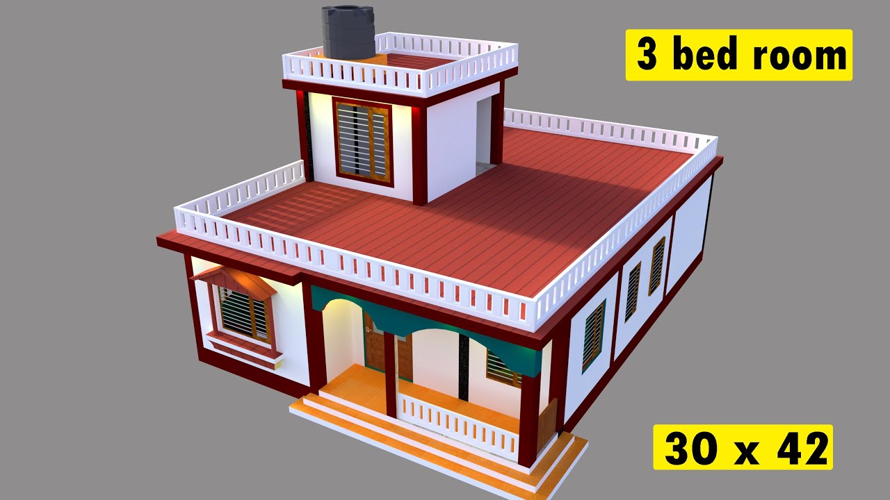 30 x 42 simple 3d house plan II 3 bhk house design II 30 x 42 ghar ka naksha II 3 kamra ghar design