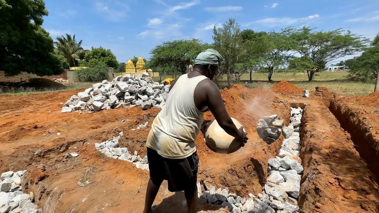 Load Bearing House Technology-house Foundation Stone Filling process-Using by sand and cement mixer