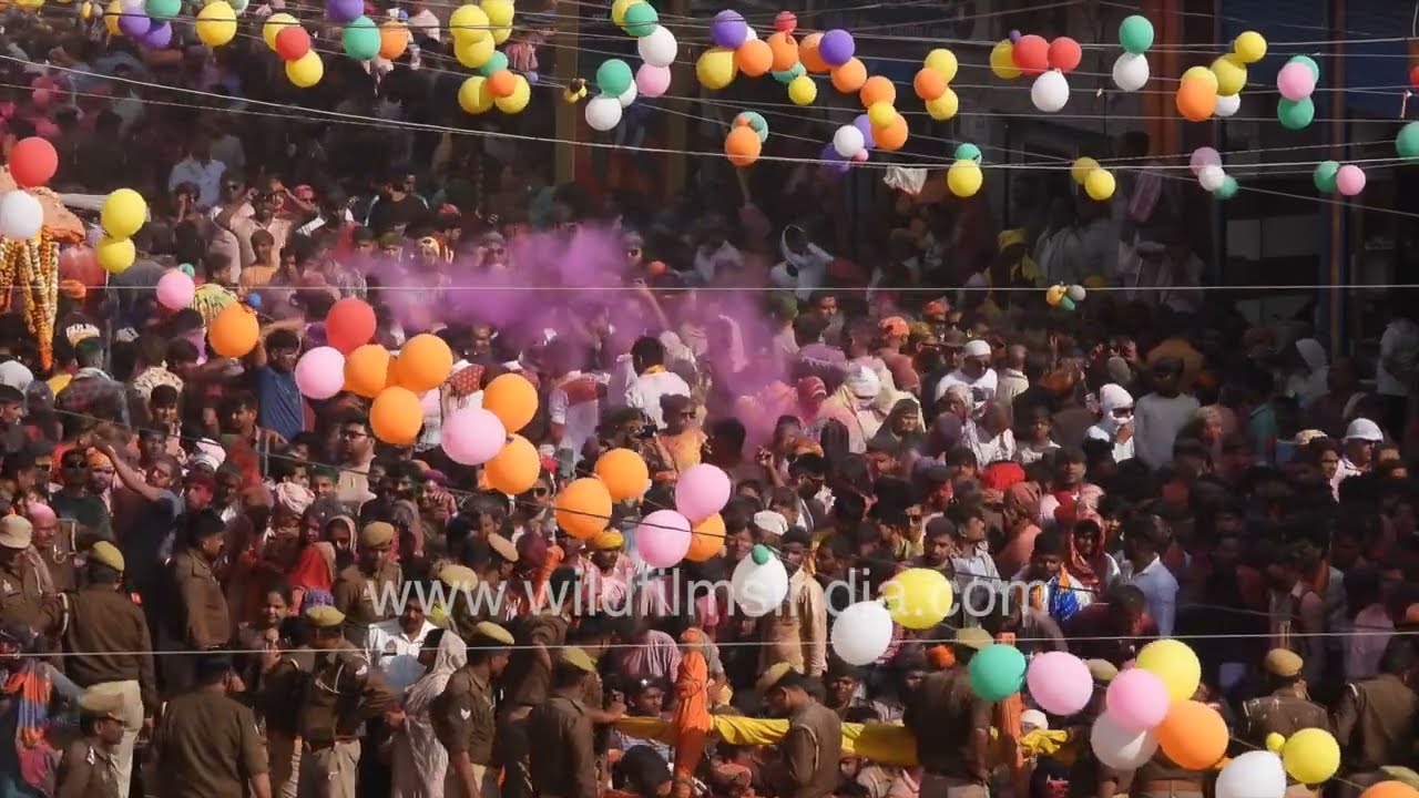Indians play Holi in Barsana village of Uttar Pradesh: Holi colour and powder fills air, much police