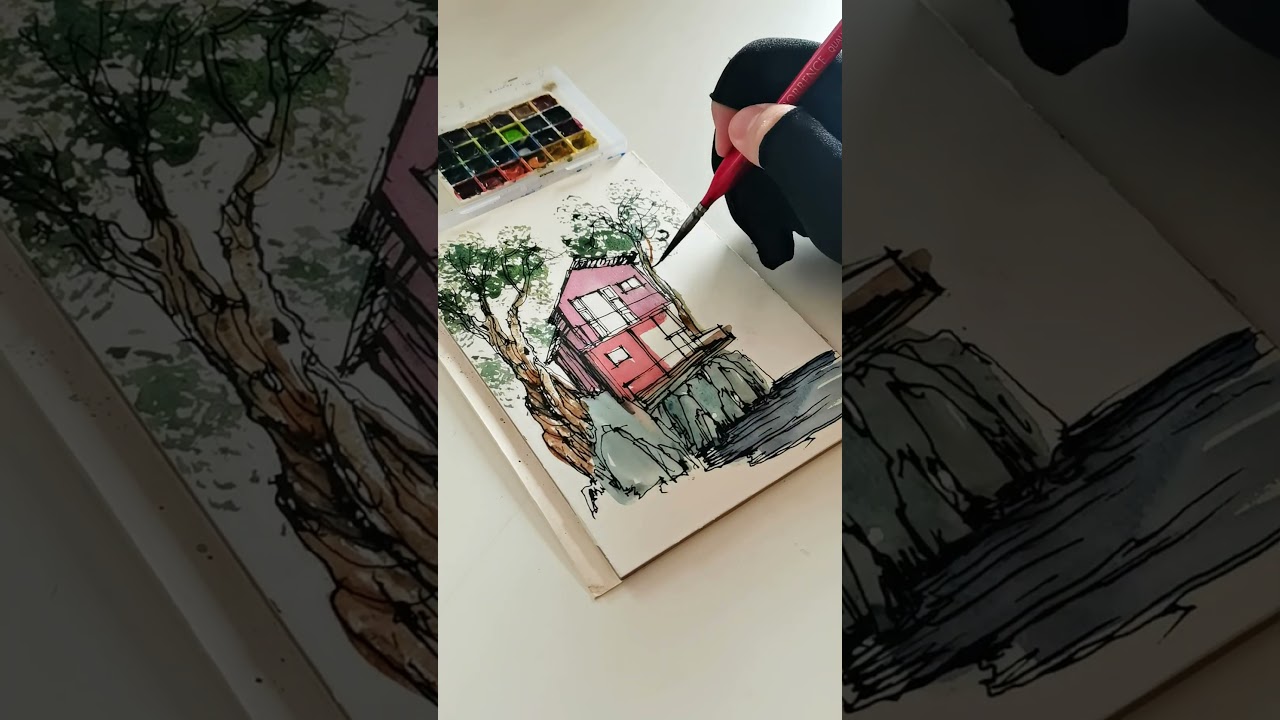 How to Paint a Seaside Tree House Watercolor2#sketch #art #drawing#painting #landscape #inkdrawing