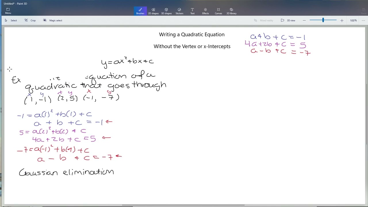 Writing the Equation of a Quadratic Function Given Three Points