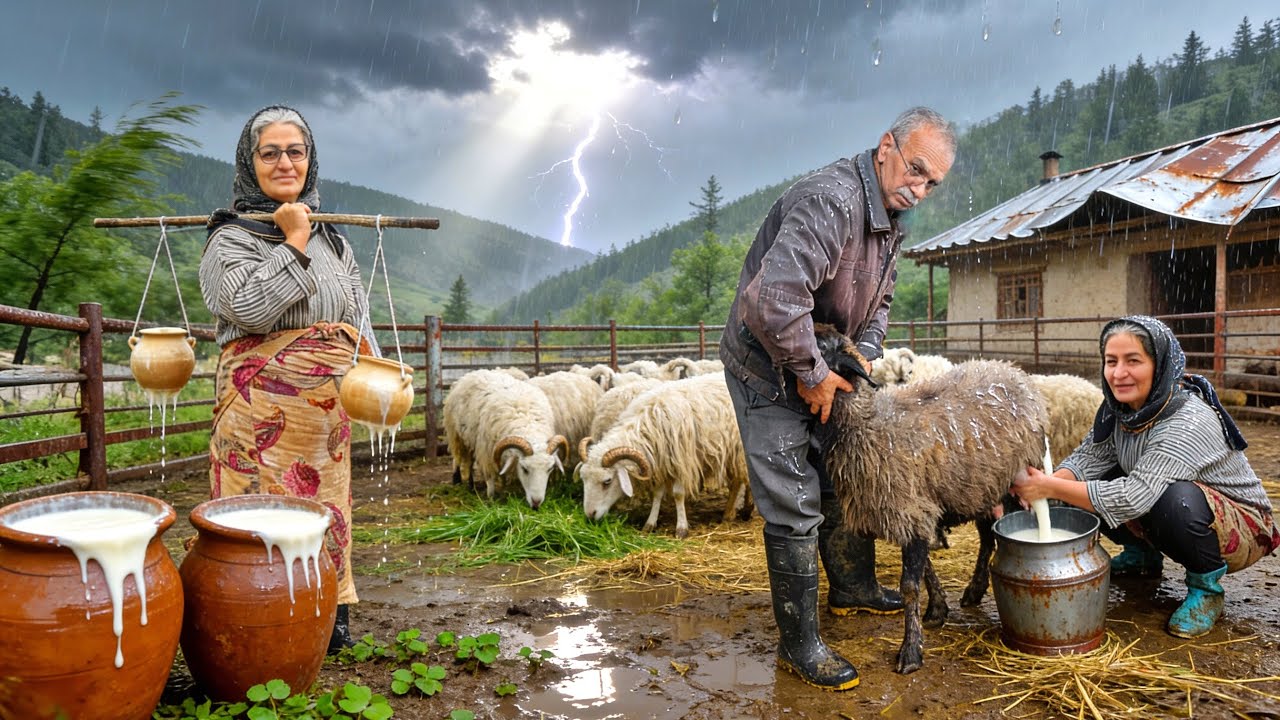 ‏Hard Daily Routine In A Rainy Day.Milking, Homemade Yogurt & Shepherding 