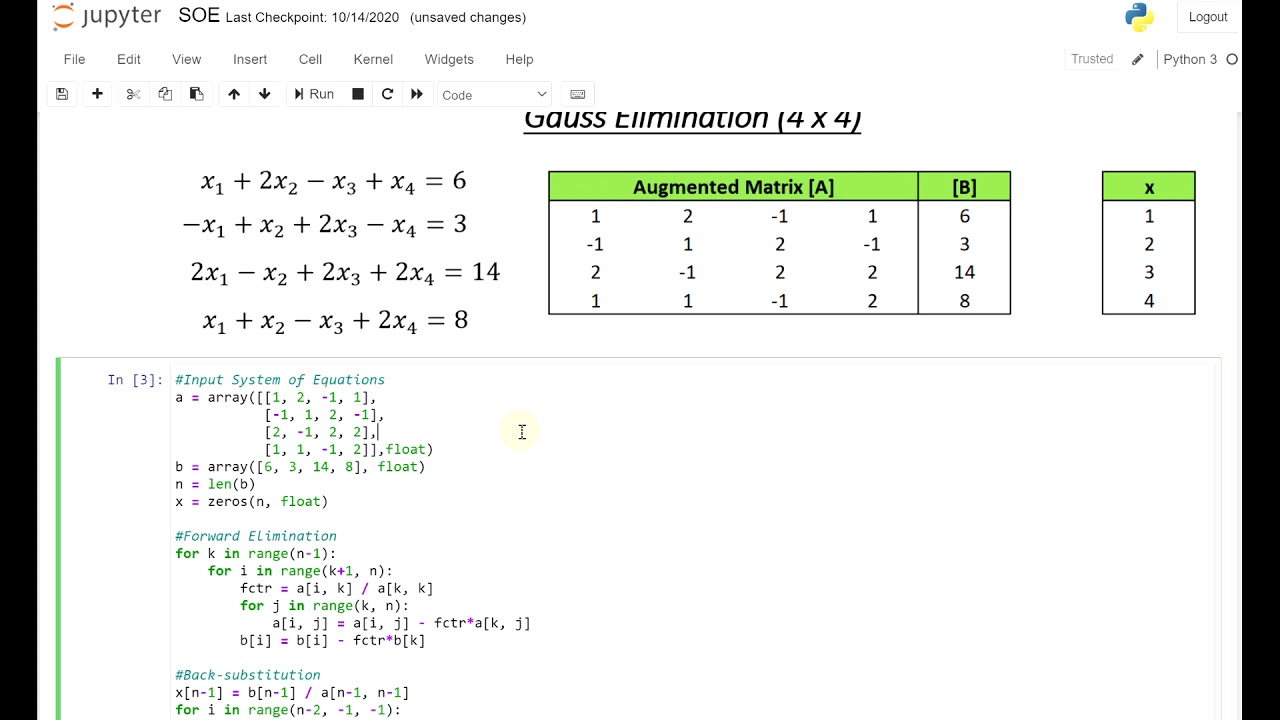 Gauss Elimination Code - ANY SIZE - Python Code