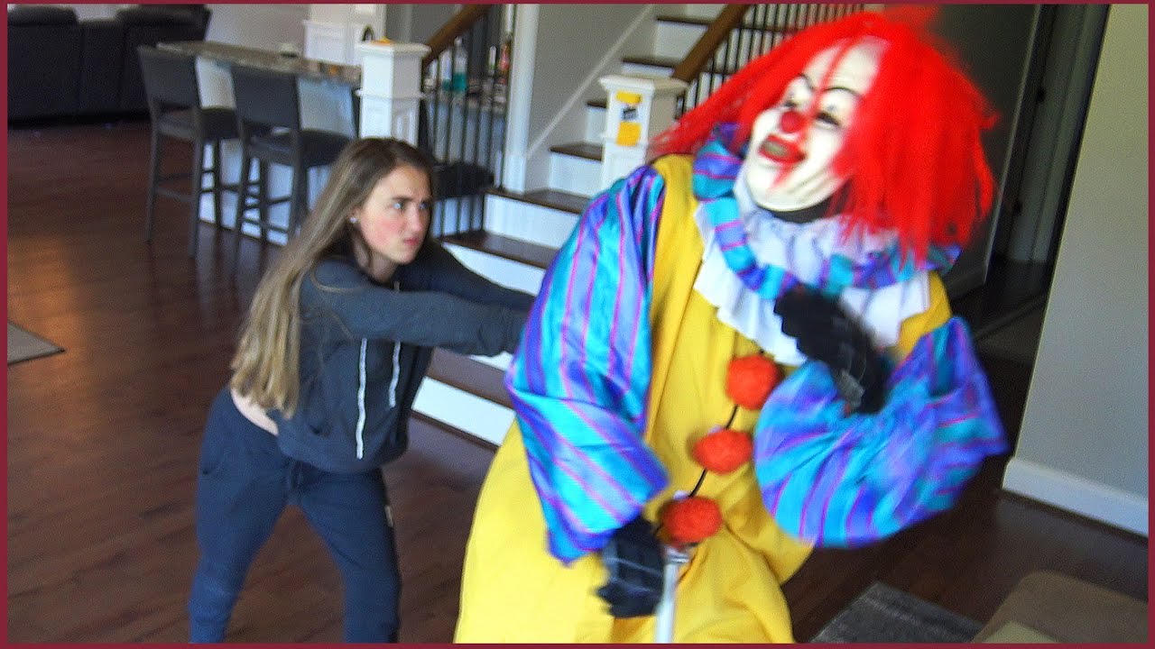 Scary Clown Gets Pushed To The Floor By Girl While Riding Scooter