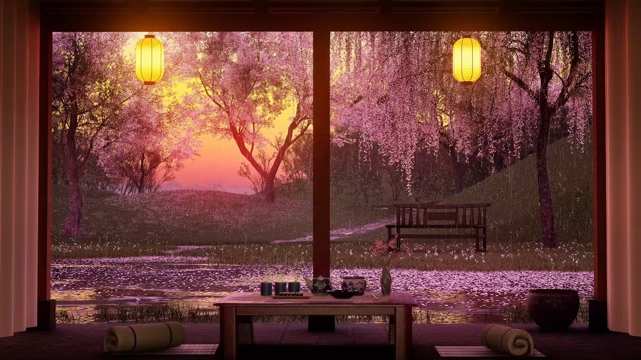 Rain in Spring Sakura Garden Ambience - Relaxing rain sound for stress relief, insomnia, study, work