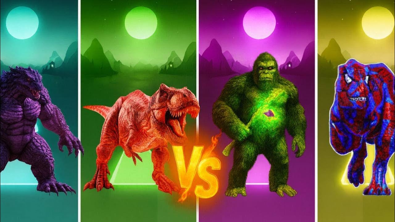 🔥 Godzilla vs Red T-Rex vs Kong vs Spider-Dino | EPIC Tiles Hop Battle!