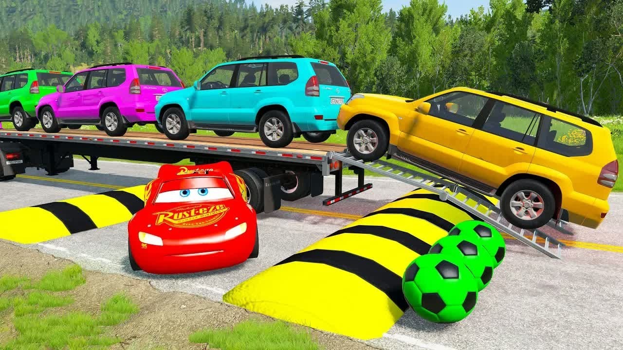 Flatbed Truck McQueen | Transportation With Truck - Pothole vs Car #133 | BeamNG.Drive Gameplay