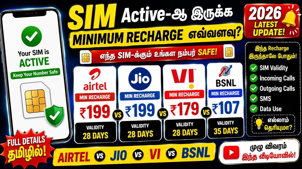 SIM Active-ஆ இருக்க Minimum Recharge எவ்வளவு? | Airtel vs Jio vs Vi vs BSNL | 2026 Tamil