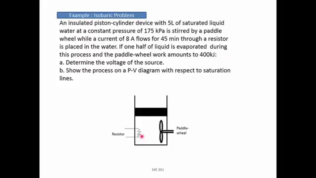 Thermodynamics: Example - Isobaric process with piston-cylinder, resistor, and paddle wheel