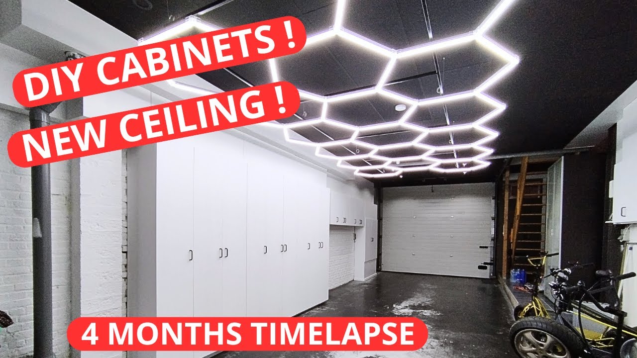 Garage renovation with built in cabinets and a new ceiling