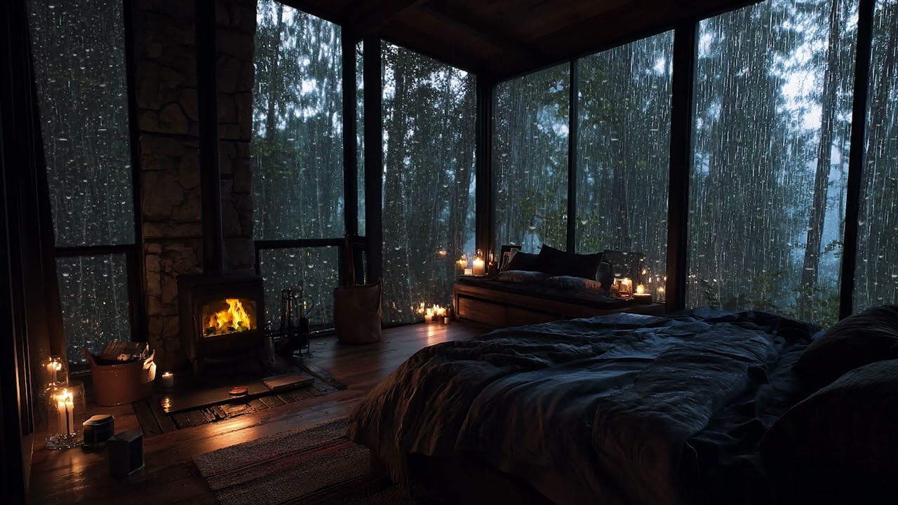 Rain Falling Outside a Forest Cabin Window 🌧️ Cozy Bedroom with Wood Stove for Relaxation