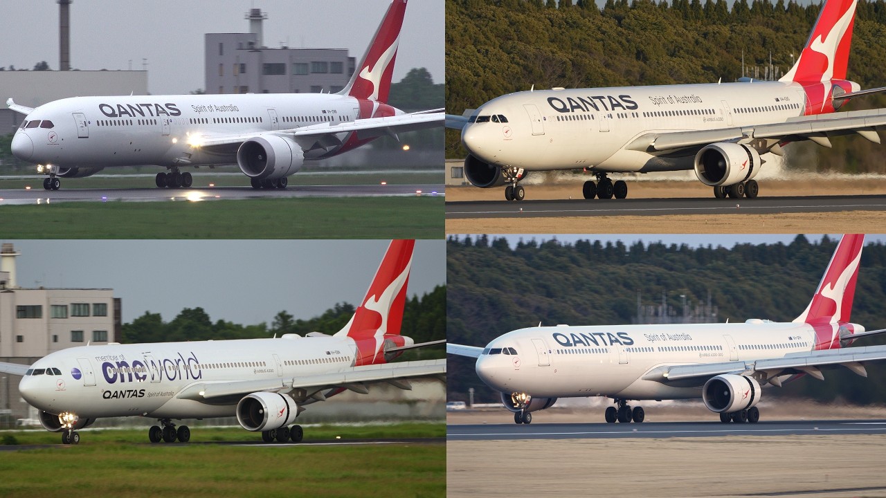 Qantas 787-9 A330-200 A330-300 | VH-ZNB VH-EBO VH-EBN VH-QPH | Landing at Narita 34R | NRT